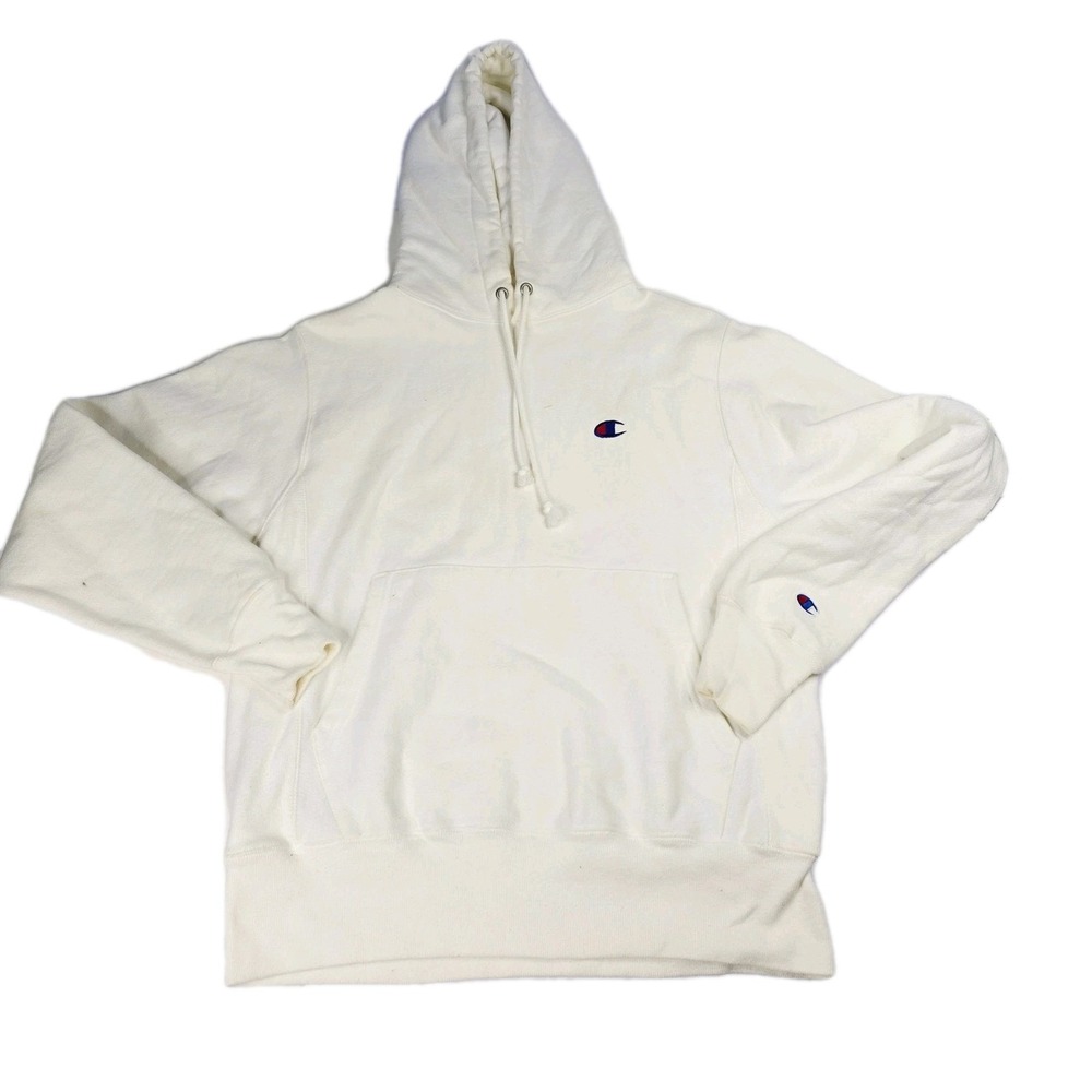 Champion Reverse Weave Hoodie Sweatshirt Ivory White Classic Logo Mens Small
